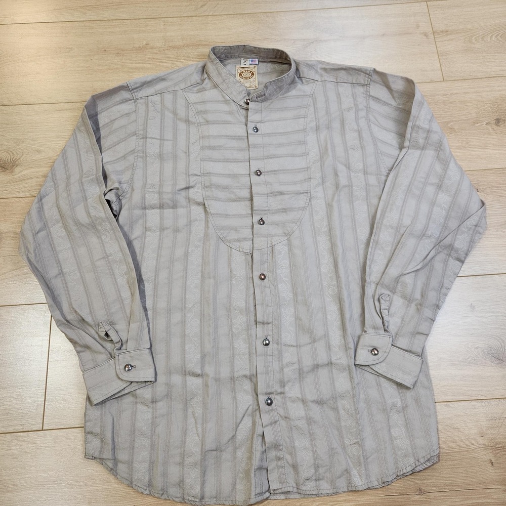 Wah Maker Shirt Mens Medium Gray Stripe Bib Frontier Western Band Collar USA